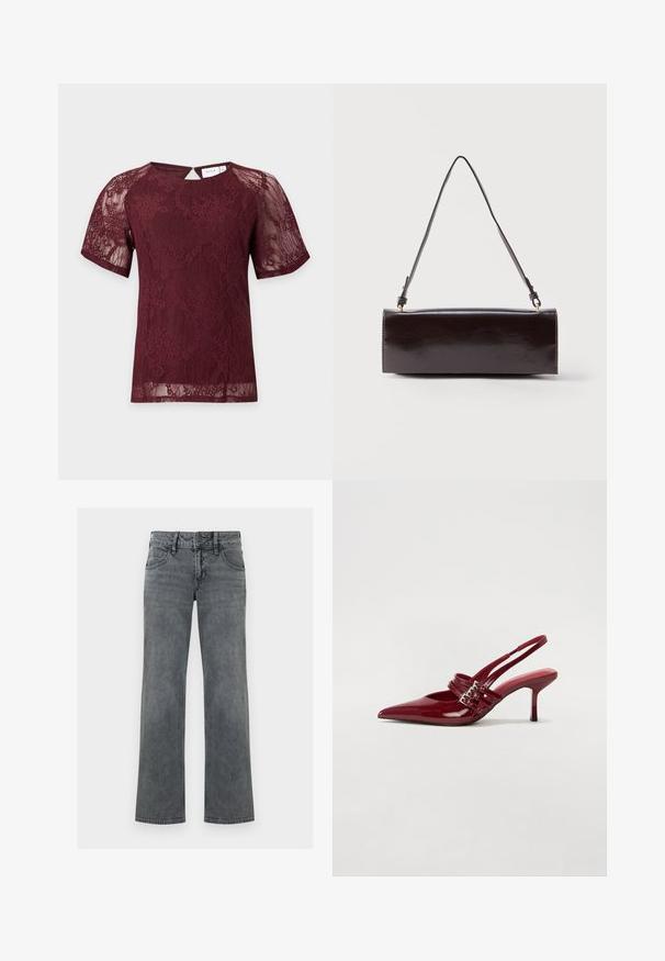 Kortærmet bordeaux blondebluse med blomsterprint, rund halsudskæring og lille knaplukning bagpå.; Grå denimjeans med lige ben, lynlås og knap foran samt fem-lomme-design, vist mod en hvid baggrund.; Røde patenteret læder slingback hæle med spids tå, to spændebånd og en slank, mellemhøj stiletto hæl. Glat tekstur.; Rektangulær sort læderhåndtaske med en enkelt lang rem og blank finish, vist mod en ensfarvet hvid baggrund.
