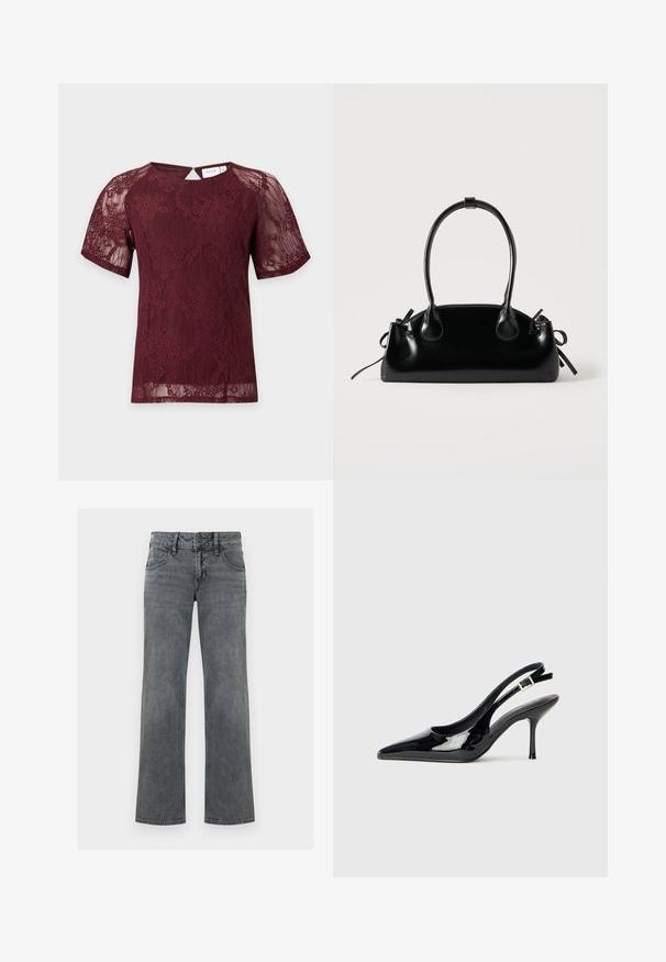 Kortærmet bordeaux blondebluse med blomsterprint, rund halsudskæring og lille knaplukning bagpå.; Grå denimjeans med lige ben, lynlås og knap foran samt fem-lomme-design, vist mod en hvid baggrund.; Sorte patentlæder slingback pumper med spids tå og slank hæl. Har en justerbar spænde rem bagpå. Glat tekstur.; Lille sort blank håndtaske med to lange håndtag og snøre-detaljer i siden på en ensfarvet lys baggrund.