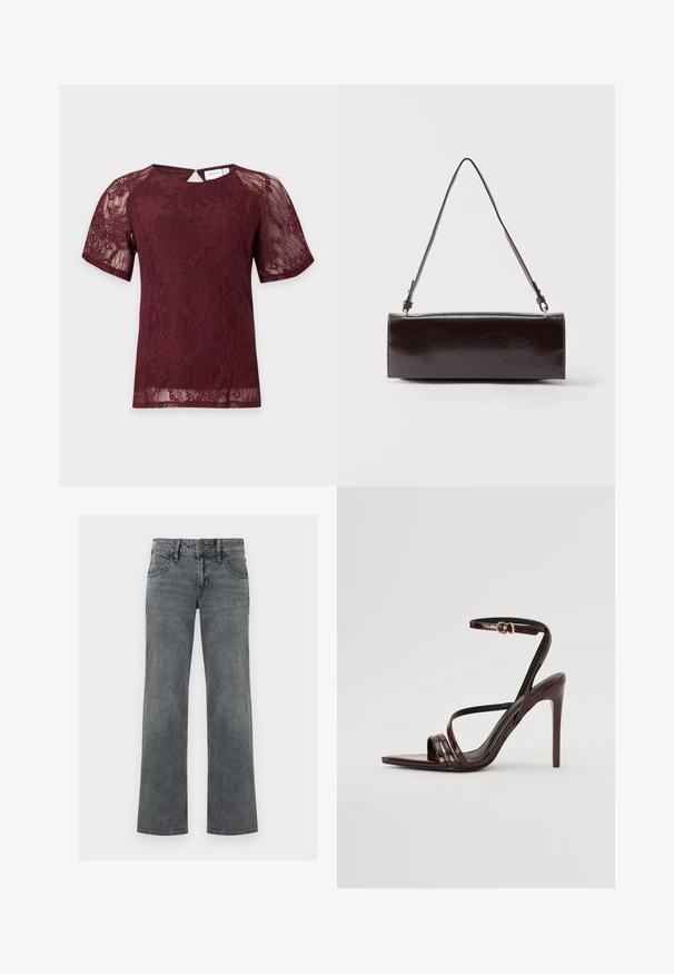 Kortærmet bordeaux blondebluse med blomsterprint, rund halsudskæring og lille knaplukning bagpå.; Grå denimjeans med lige ben, lynlås og knap foran samt fem-lomme-design, vist mod en hvid baggrund.; Bordeaux laker læder højhælede sandal med ankelrem, spids tå og tre vandrette remme over foden. Detalje med spænde i guldtonet.; Rektangulær sort læderhåndtaske med en enkelt lang rem og blank finish, vist mod en ensfarvet hvid baggrund.