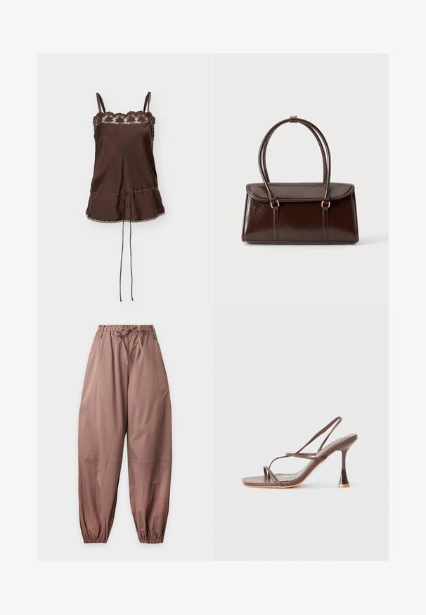 Haut camisole en satin marron avec bordure en dentelle au niveau de l'encolure, fines bretelles tressées et taille à cordon avec ourlet bordé de dentelle.; Pantalon marron ample avec taille élastique et bas de jambes resserrés, avec un cordon à la taille.; Sandale à talon haut marron à brides, avec un bout carré, des brides élégantes, une finition brillante et un talon courbé distinct.; Sac à main rectangulaire en cuir marron foncé avec deux anses en boucle et une fermeture à rabat sur un fond clair uni.