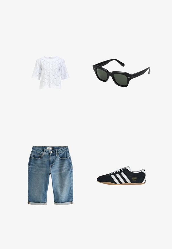Witte gebreide top met een golfpatroon, met driekwart mouwen en een ronde halslijn. Lichtgewicht textuur en open geweven ontwerp.; Blauwe denim knielange shorts met een omgeslagen zoom, vijf zakken en een metalen knoopsluiting. Stof heeft een licht vervaagde uitstraling.; Zwarte suède sneaker met witte drie strepen, gouden logo en een bruine rubberen zool. Heeft een laag profiel vetersluiting ontwerp.; Zwarte vierkante zonnebril met donker groene lenzen, uitgerust met gedurfde monturen en zilveren accenten aan de zijkanten. Gemaakt in Italië.