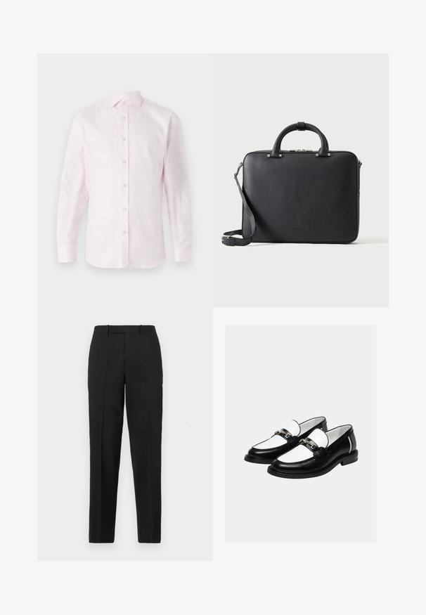Camisa de manga larga rosa hecha de una tela suave; presenta un cierre de botones en la parte delantera con botones blancos y un cuello clásico.; Theory STRAIGHT - Pantalones - deep black; Par de mocasines de cuero en blanco y negro con detalle de cadena dorada en la parte superior, sobre un fondo claro y liso.; Maletín de cuero negro texturizado con asas dobles, correa de hombro desmontable y cierre superior con cremallera sobre un fondo claro y liso.