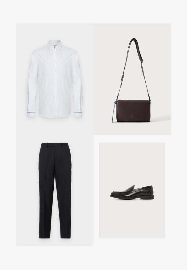 Chemise blanche à manches longues en coton, dotée d'un col classique, d'une patte de boutonnage à l'avant et d'accents rayés aux poignets. Texture lisse.; Theory STRAIGHT - Pantalon classique - deep black; Mocassin en cuir noir à enfiler avec un petit talon et des détails cousus, étiquette latérale, sur fond blanc uni.; Sac bandoulière en cuir marron foncé texturé avec une sangle réglable et un petit accent décoratif bleu sur le côté.