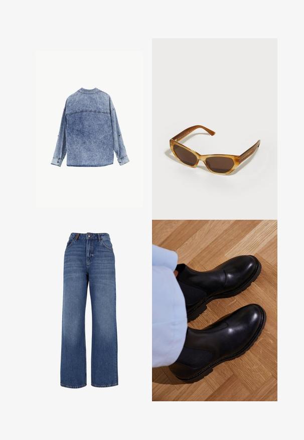 Cazadora vaquera azul claro con lavado ácido, mostrada por la parte trasera con mangas largas y puños abotonados, sobre un fondo blanco liso.; Pantalones vaqueros de pierna ancha hechos de tejido de algodón azul de peso medio. Presentan un diseño clásico de cinco bolsillos y una cremallera con cierre de botón.; Botas negras de tobillo hechas de cuero suave con paneles laterales elásticos, una suela de goma texturizada y costuras en contraste a lo largo del borde.; Gafas de sol de tono marrón con un marco ámbar translúcido. Forma angular distintiva, patillas delgadas marrones y detalles sutiles del logo.