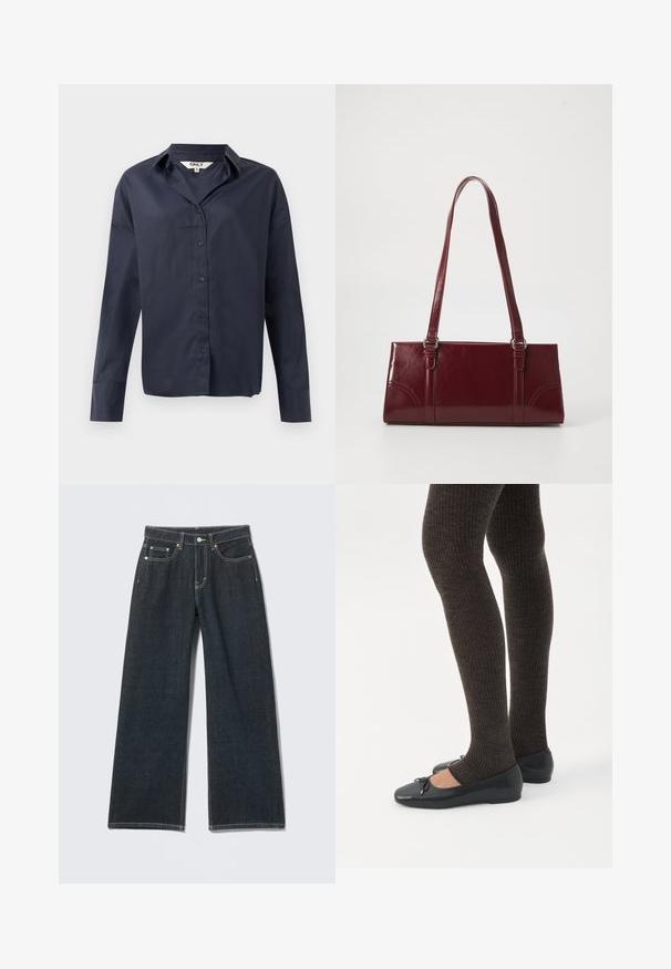 Mørk marineblå langærmet skjorte med knaplukning, spids krave og afslappet pasform, vist mod en hvid baggrund.; Mørkeblå jeans med vide ben, foran med knapper, lynlås, bæltestropper og fem-lomme detalje på en ensfarvet lys baggrund.; Ben iført mørke ribbede leggings kombineret med sorte balletsko med små sløjfedetaljer på hvid baggrund.; Bordeaux håndtaske lavet af glansfuldt materiale, rektangulær form, med to skulderremme og subtile buede detaljer på forsiden.