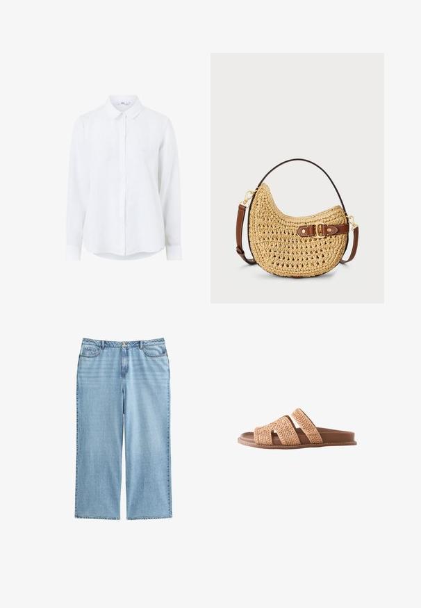 Camisa blanca de manga larga hecha de lino con un cierre de botones al frente, cuello clásico y mangas con puños. Textura suave con una apariencia ligera.; Culottes de mezclilla azul claro con cintura alta, piernas anchas y diseño de cinco bolsillos, con costuras en contraste y cierre de botón.; Sandalia plana marrón tipo slide con dos tiras anchas trenzadas y suela acolchada, vista de lado sobre fondo blanco.; Bolso hobo de paja trenzada con forma curva, correa de cuero marrón con hebilla y color natural tostado. Superficie texturizada con costuras visibles.