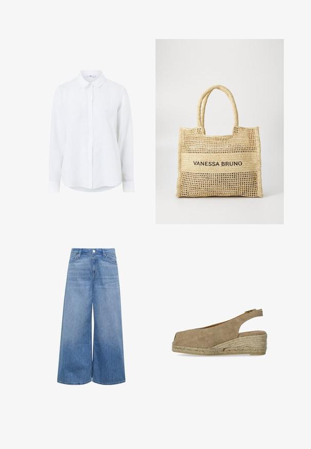 Weißes Langarmshirt aus Leinen mit durchgehender Knopfleiste, klassischem Kragen und Manschettenärmeln. Glatte Textur mit leichtem Erscheinungsbild.; Helle blaue Denim-Culottes mit weitem Bein. Fünf-Taschen-Stil, Knopfverschluss am Taillenbund und glatte Textur.; Castañer DOSALIA - Espadrille - sand; Beige gewebte Tragetasche mit zwei Griffen und "VANESSA BRUNO" in Schwarz auf einem einfarbigen gewebten Feld in der Mitte aufgedruckt.