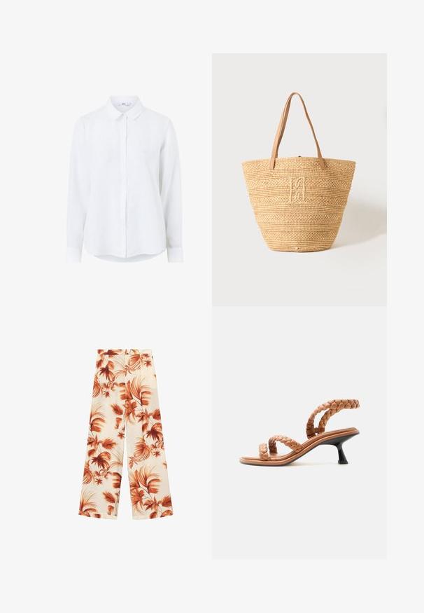 Hvid langærmet skjorte lavet af linned med knaplukning foran, klassisk krave og manchetter ved ærmerne. Glat tekstur med et let udseende.; Vide benbukser i et let materiale, der har en off-white bund med store rustfarvede bladmønstre og en glat tekstur.; Tan farvet sandal med flettede læderremme og kort sort kittenhæle, vist i siden på hvid baggrund.; Beige vævet stråtaske med to lysebrune læderhåndtag og et diskret broderet monogram i midten foran.