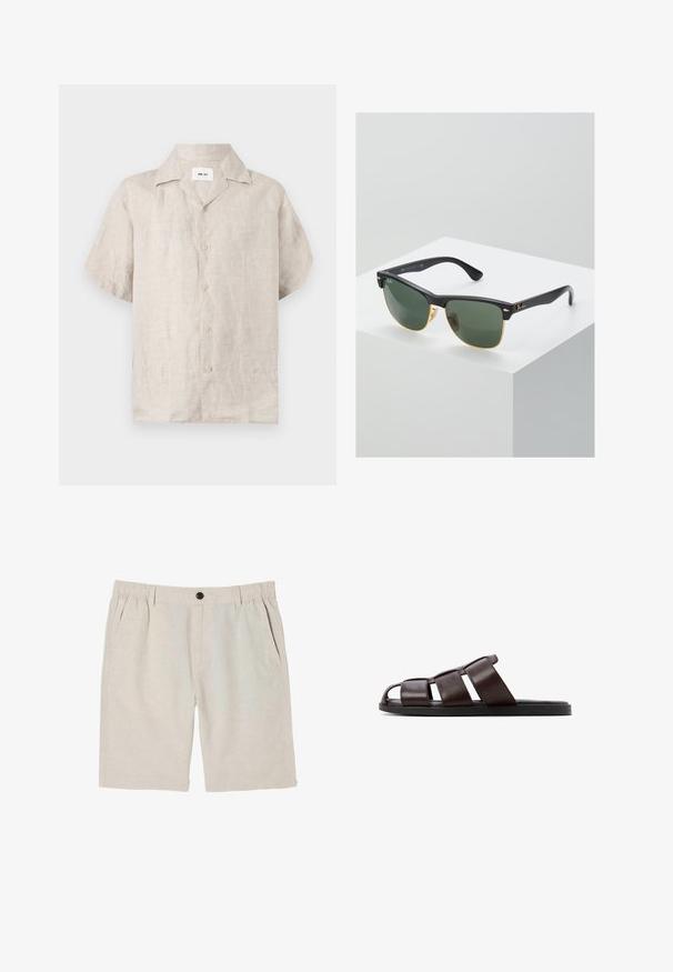 Beige kortærmet linnedskjorte med krave og knapper foran, med en synlig hvid label inde i kraven med teksten "NN.07".; Lyse beige bomuldsshorts med elastisk linning, knaplukning, bæltestropper og sidelommer.; Brune lædersandal med bred stropdesign, åben tå-stil og flad sort sål. Har en glat tekstur og minimal detaljer.; Ray-Ban solbriller med grønne linser, sorte plastikstel og gyldne detaljer ved kanterne. Firkantet form med mat finish.
