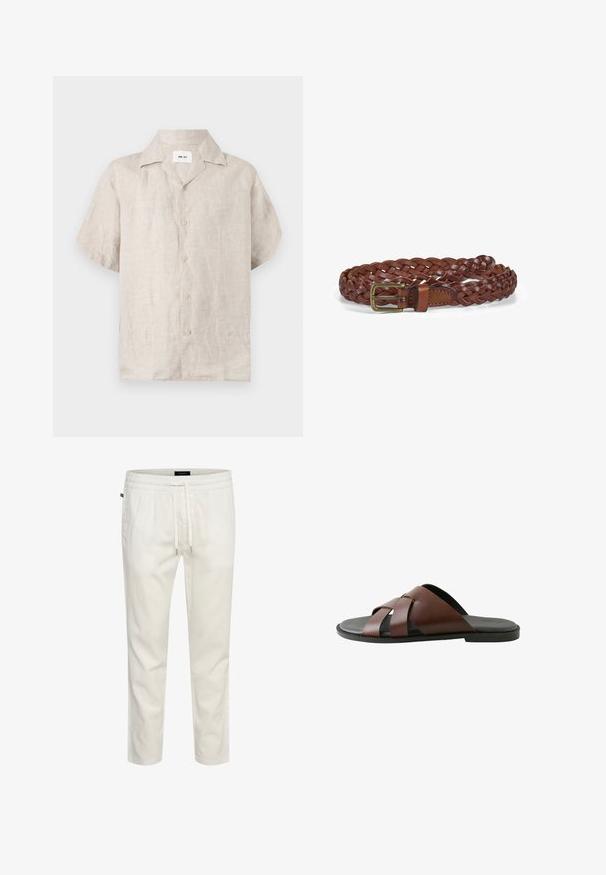 Beige kortærmet linnedskjorte med krave og knapper foran, med en synlig hvid label inde i kraven med teksten "NN.07".; Hvide, letvægts bomulds-joggers med elastisk talje, snor i taljen og en afslappet pasform. Glat tekstur uden mønstre eller accenter.; Herrebrun lædersandal med krydsede remme og sort sål, vist i profil mod hvid baggrund.; Flettet brun læderbælte med metalspænde, der har en blød tekstur og et klassisk design. Enderne er sikkert syet for holdbarhed.