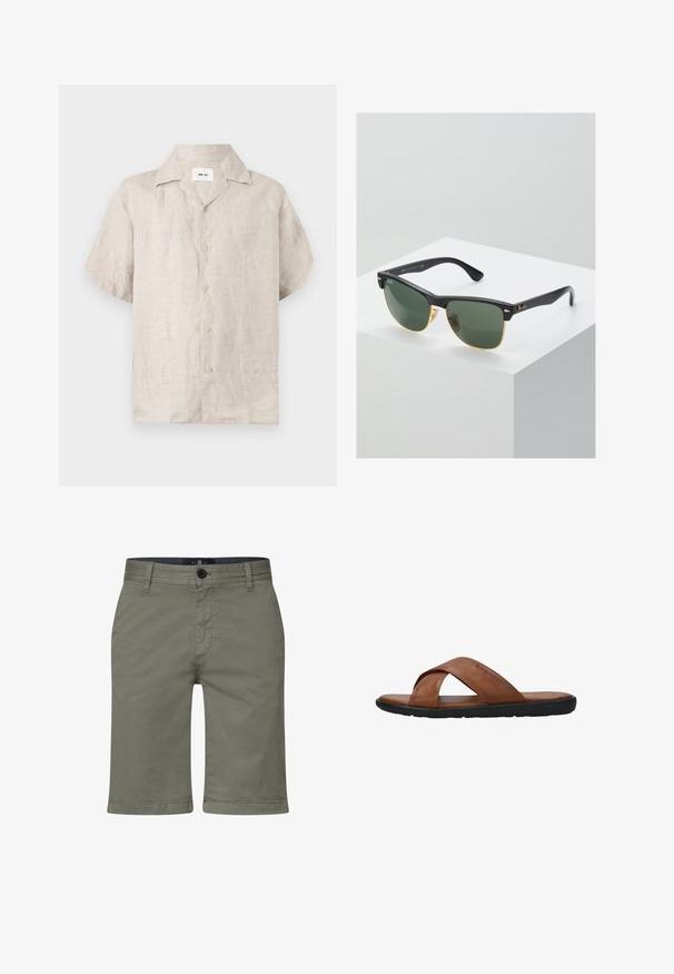 Beige kortærmet linnedskjorte med krave og knapper foran, med en synlig hvid label inde i kraven med teksten "NN.07".; Khaki shorts lavet af en blød bomuldsblanding, med lynlås og knaplukning samt forlommer. Lige ben-design, knælængde pasform.; Brun lædersandal med krydsede remme, sort flad sål og "bugatti" præget på den øverste rem, vist i siden mod hvid baggrund.; Ray-Ban solbriller med grønne linser, sorte plastikstel og gyldne detaljer ved kanterne. Firkantet form med mat finish.