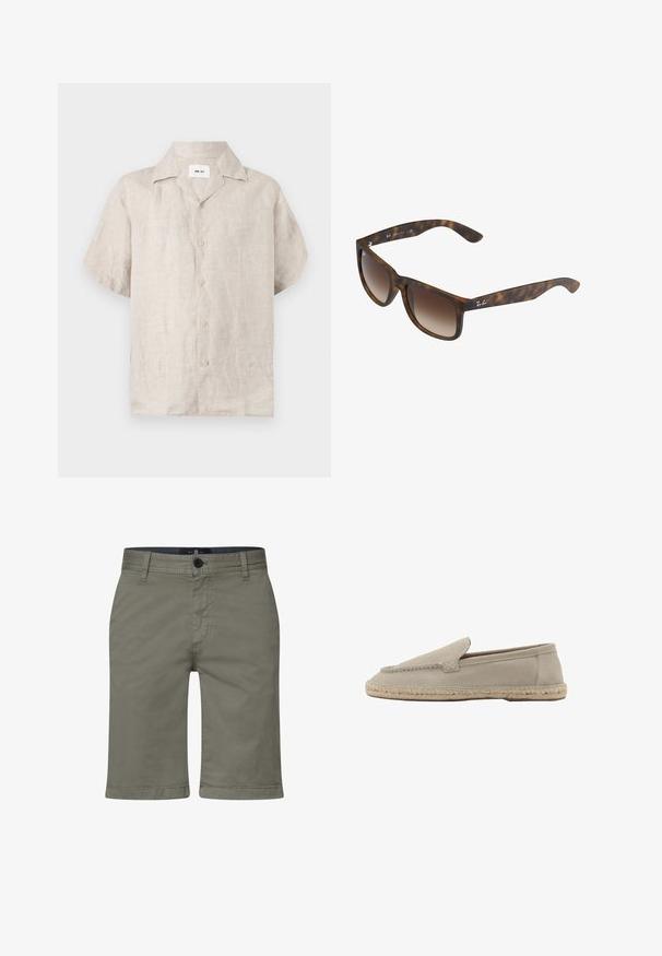 Beige kortærmet linnedskjorte med krave og knapper foran, med en synlig hvid label inde i kraven med teksten "NN.07".; Khaki shorts lavet af en blød bomuldsblanding, med lynlås og knaplukning samt forlommer. Lige ben-design, knælængde pasform.; Beige ruskind slip-on loafer med vævet jute sål, syningsdetaljer langs overkanter, flad hæl og rundet tå.; Skildpadde-solbriller med brune gradientlinser, rektangulær form, tykke stel og en sølvlogoaccent på siden.