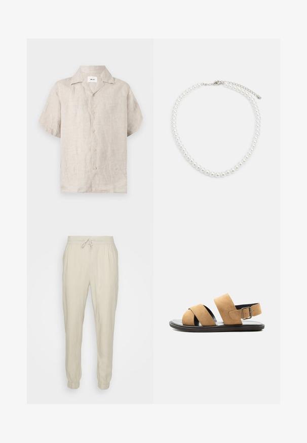 Chemise en lin beige à manches courtes avec col et boutons devant, avec une étiquette blanche visible à l’intérieur du col indiquant « NN.07 ».; Jogging en lin beige avec une taille élastique et un cordon de serrage ajustable, présentant des poignets élastiques et une coupe relaxée. Texture lisse.; Sandale en daim beige pour homme avec deux larges brides, semelle noire et bride de talon réglable avec boucle, présentée sur fond blanc.; Collier en perles blanches avec une forme ronde uniforme, surface lisse et fermoir en métal avec une chaîne d'extension pour une longueur ajustable.