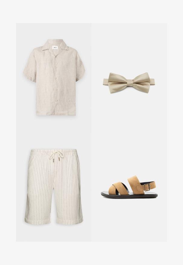 Chemise en lin beige à manches courtes avec col et boutons devant, avec une étiquette blanche visible à l’intérieur du col indiquant « NN.07 ».; Shorts en mélange de lin couleur beige clair avec de légères rayures verticales marron. Dotés d'une taille élastique avec cordon de serrage et d'ourlets roulés.; Sandale en daim beige pour homme avec deux larges brides, semelle noire et bride de talon réglable avec boucle, présentée sur fond blanc.; Nœud papillon en satin de couleur beige clair, présentant une forme de papillon classique avec un nœud central. Texture lisse avec un léger brillant.