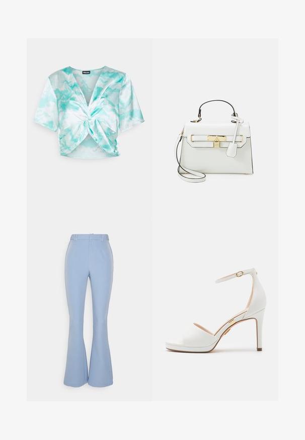 Pieces PCKERRA - Blusa - blue atoll/graphic; IN THE STYLE PERRIE SIAN BLUE TAILORED TROUSERS - Pantalones - blue; Sandalia blanca de tacón alto con tiras en el tobillo y dedo abierto, con una hebilla dorada fina y tacón de aguja delgado.; Bolso blanco con textura de cocodrilo, herrajes dorados, asa superior y correa de hombro desmontable; cuenta con un cierre de bloqueo y un diseño minimalista.