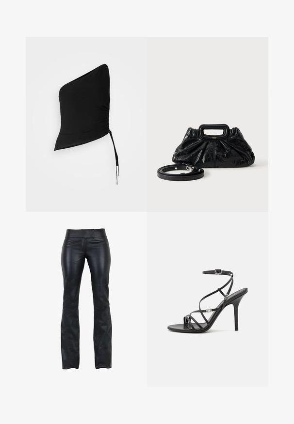 Sort top med én skulder og rynket tekstur, afsluttet med en snoretrækdetalje i bunden og glat stof.; Sorte læderbukser med slim fit, flad talje og udskæring i bunden. Glat tekstur og minimalistisk design uden synligt hardware.; Sort højhælet sandal med tynde stropper, en ankelspænde, en glat læderoverflade og en slank stilethæl.; Lille sort læderhåndtaske med rynket tekstur, rektangulært håndtag og aftagelig tynd skulderrem placeret ved siden af.