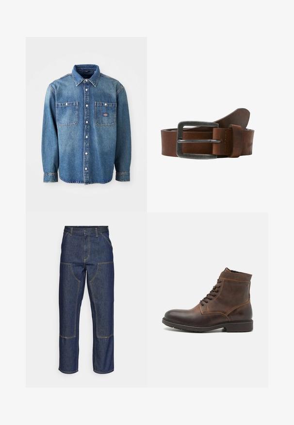 Denim overhemd in medium blauw, met een puntige kraag, twee borstzakken en zilveren knopen. Lange mouwen met knoopmanchetten.; Donkerblauwe denim jeans met een hoge taille, rechte pijpen, contrasterende stiksels en opgestikte zakken aan de voorkant.; Jack & Jones JFWDELANEY BOOT - Veterboots - cognac; Bruine leren riem met een geborstelde metalen gesp, heeft een gladde textuur en een klassiek ontwerp. De riem loopt naar het einde toe taps toe.