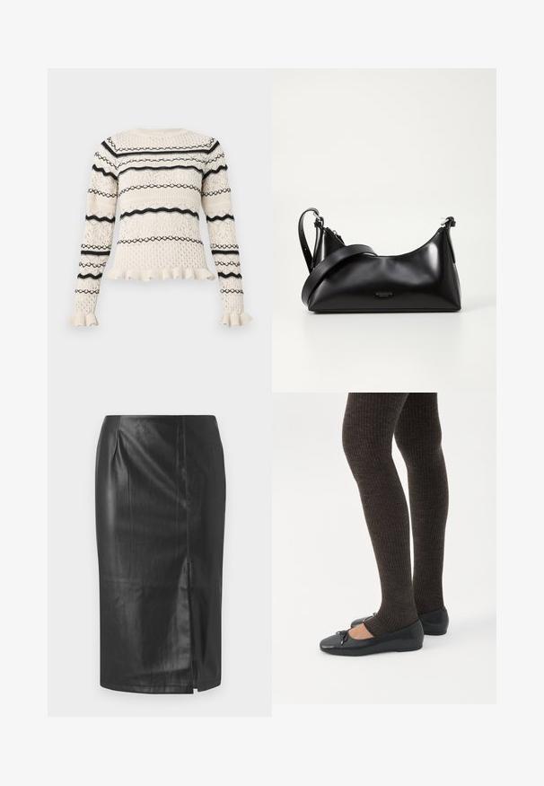 Suéter de punto crema con rayas horizontales negras y patrones variados. Presenta un cuerpo texturizado y puños con volantes para un detalle adicional.; Falda lápiz de cuero negro con un diseño elegante, que cuenta con una abertura lateral y una textura suave, adecuada para uso formal o casual.; Piernas con leggings oscuros acanalados combinados con bailarinas negras que presentan pequeños detalles de lazo sobre un fondo blanco.; Bolso de mano de cuero negro con una textura suave. Cuenta con una correa ajustable y un diseño elegante y minimalista con cierre de cremallera.