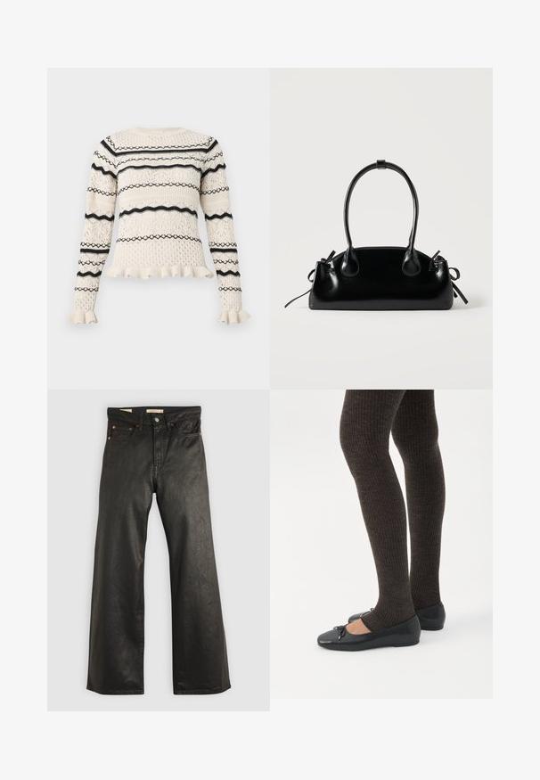 Suéter de punto crema con rayas horizontales negras y patrones variados. Presenta un cuerpo texturizado y puños con volantes para un detalle adicional.; Pantalones de mezclilla anchos negros con una textura suave, que presentan cinco bolsillos y detalles en metal color cobre. Cierre clásico con botón.; Piernas con leggings oscuros acanalados combinados con bailarinas negras que presentan pequeños detalles de lazo sobre un fondo blanco.; Pequeño bolso negro brillante con dos asas largas y detalles de cordón lateral sobre un fondo claro liso.