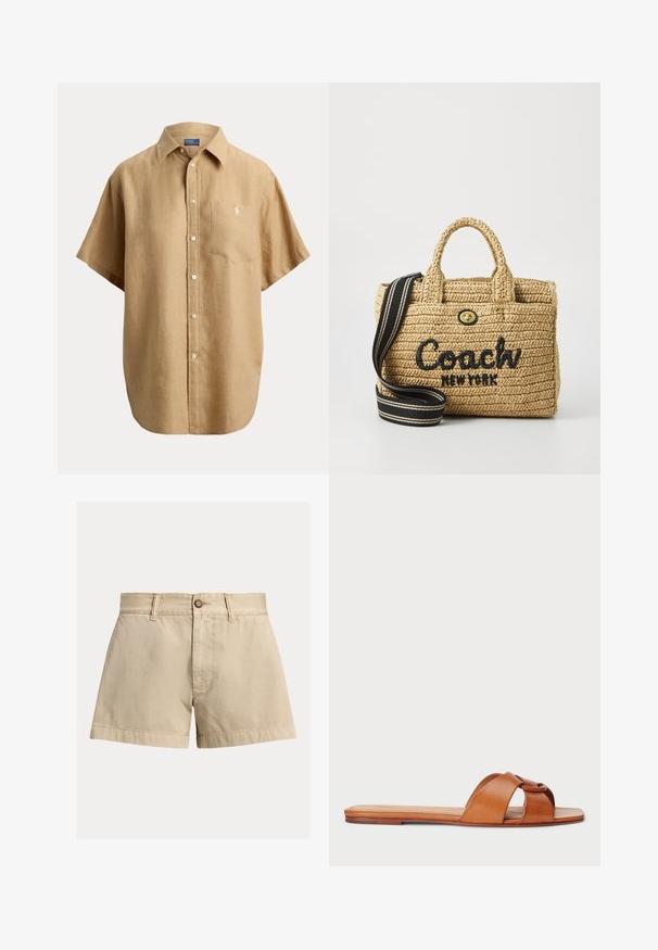 Beige kortærmet skjorte med knapper, krave og brystlomme med en lille broderet logo på lommen.; Beige bomuldsshorts med lige snit, knaplukning og to forlommer. Glat tekstur og detaljer med opbukket kant.; Brune lædersandal med flad sål, der har to krydsede stropper. Glat overflade med minimal syning og afrundede kanter.; Vævet stråhåndtaske med dobbelte top-håndtag, sort broderet "Coach New York" logo, guldbelægning og en aftagelig stribet skulderrem.