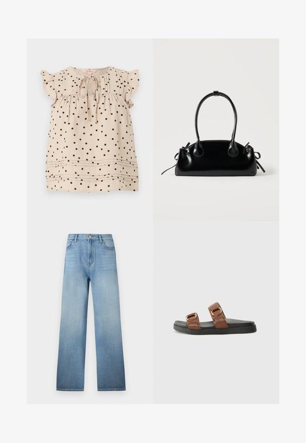 Blouse beige sans manches à pois noirs, manches courtes à volants, nouée devant au col arrondi, avec des plis horizontaux près de l'ourlet.; Jean bleu clair coupe droite avec design à cinq poches, passants pour ceinture, fermeture par bouton, et un léger délavage de la taille à l'ourlet.; Des sandales en cuir marron à glisser présentent deux larges lanières avec du matériel doré, reposant sur une semelle en caoutchouc noir texturé.; Petit sac à main noir brillant avec deux longues anses et des détails à cordon sur les côtés sur un fond clair uni.