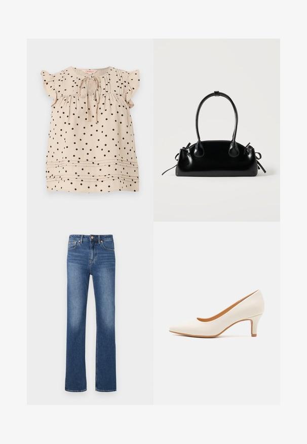 Beige ærmeløs bluse med sorte polkaprikker, flæseærmer, bindebånd foran ved rundet halsudskæring og horisontale plisseringer nær kanten.; Blå denimbukser med lige ben, forlommer, bæltestropper og knappelukning på hvid baggrund.; Hvid læder højhælet sko med spids tå og en slank, let skrå hæl. Glat tekstur med et minimalistisk design og tan sål.; Lille sort blank håndtaske med to lange håndtag og snøre-detaljer i siden på en ensfarvet lys baggrund.