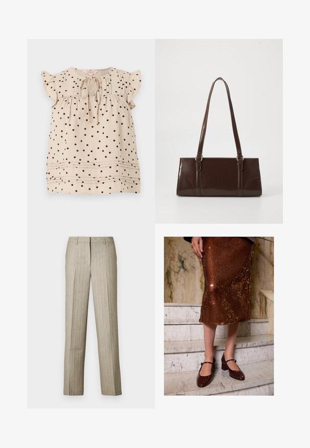 Blouse beige sans manches à pois noirs, manches courtes à volants, nouée devant au col arrondi, avec des plis horizontaux près de l'ourlet.; Pantalon beige à fines rayures avec une coupe droite, doté d'une ceinture structurée et d'une texture subtile sur l'ensemble du tissu.; Femme portant une jupe midi en sequins bruns et des escarpins Mary Jane en crocodile texturé marron foncé, se tenant sur des escaliers en marbre.; Sac à main en cuir verni marron de forme rectangulaire, avec deux longues poignées et des accents courbés subtils à l'avant.