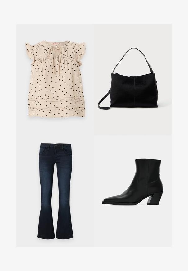 Blouse beige sans manches à pois noirs, manches courtes à volants, nouée devant au col arrondi, avec des plis horizontaux près de l'ourlet.; Jean bootcut femme en bleu foncé avec bouton frontal, design à cinq poches et léger délavage sur les cuisses et les genoux, sur un fond uni.; Bottine en cuir noir avec un bout pointu, une silhouette élégante et un talon carré massif. Texture lisse avec des détails de couture minimalistes.; Sac à bandoulière noir avec une surface lisse et texturée, doté d'une seule sangle et d'une fermeture éclair en haut. Forme rectangulaire compacte.