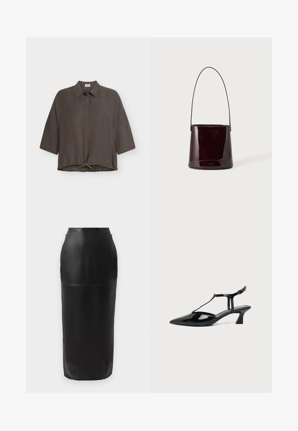 Chemise gris foncé à coupe ample, manches courtes, boutonnée devant, col et cordon de serrage à l’ourlet, présentée sur fond blanc.; Jupe midi en cuir noir avec une silhouette ajustée, texture lisse, taille haute et fermeture éclair discrète sur le côté. Aucun motif ni accent.; Chaussure slingback en cuir verni noir à bout pointu avec bride en T et petit talon bloc incliné sur fond blanc.; Sac seau brun foncé brillant avec une longue sangle fine et des coutures visibles minimales sur un fond clair.