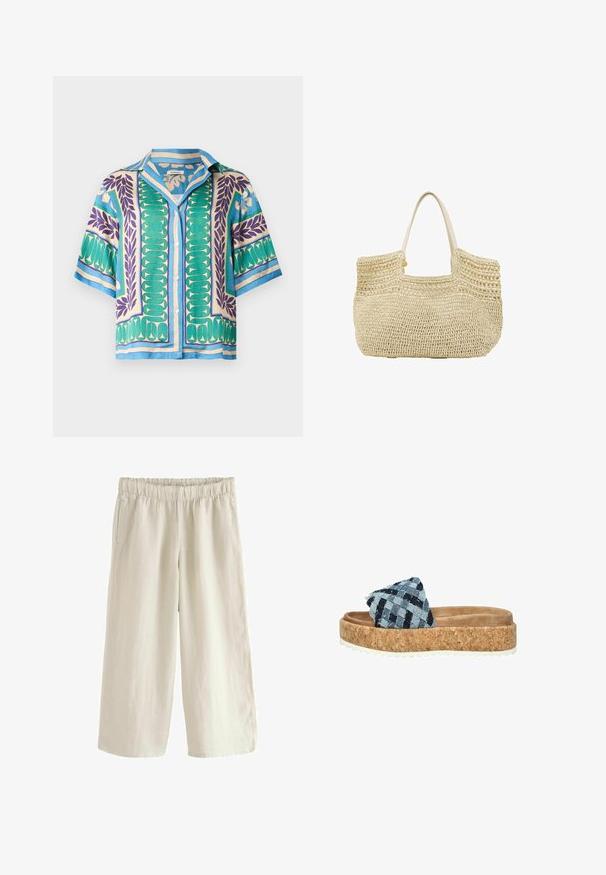 Kurzärmeliges Hemd zum Knöpfen mit blauen, grünen, violetten und beigen geometrischen und blattförmigen Mustern auf hellem Hintergrund.; Leinenweite-Hosen in Hellbeige mit elastischem Bund, seitlichen Taschen und glatter Textur. Lockerer Schnitt.; Korkplattform-Sandale mit einem gewebten blauen Denim-Riemen, einem weichen beigen Fußbett und einer weißen Gummisohle mit einem strukturierten Muster.; Beige geflochtener Strohtasche mit offenem Oberteil und zwei hellen Griffen.