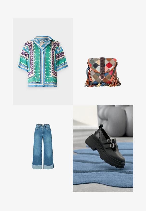 Kurzärmeliges Hemd zum Knöpfen mit blauen, grünen, violetten und beigen geometrischen und blattförmigen Mustern auf hellem Hintergrund.; Weite Denim-Jeans in Hellblau mit rohem Saum und ausgefransten Manschetten. Klassisches Fünf-Taschen-Design mit einem Frontknopfverschluss.; Schwarze Lederschuhe mit einer klobigen Plateausohle, doppelten Schnallenakzenten und einer abgerundeten Spitze, auf einem strukturierten blauen Teppich platziert.; Kleine Crossbody-Tasche mit mehrfarbigem Leder-Patchwork, geflochtenem dunkelbraunem Riemen und bunten Lederfransen an den Seiten und am Boden.
