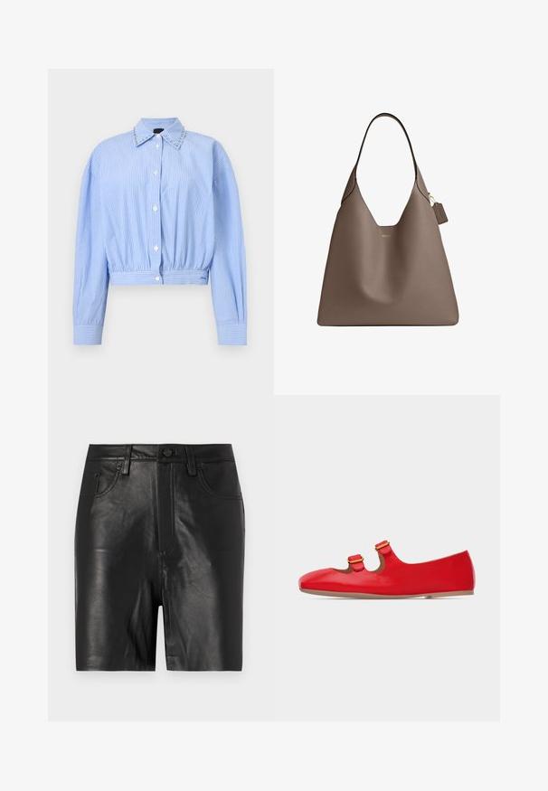 Chemise courte bleu clair à boutons avec rayures blanches verticales, manches longues bouffantes et détails cloutés sur le col.; Shorts en cuir noir avec une texture lisse, dotés d'une fermeture éclair à l'avant, d'une fermeture à bouton et d'un design classique à cinq poches.; Chaussure plate rouge avec deux sangles à boucles dorées, bout arrondi et semelle beige, vue de profil sur un fond blanc.; Sac cabas en cuir taupe avec une seule bandoulière, logo Coach doré minimaliste et étiquette en cuir attachée à une chaîne dorée.