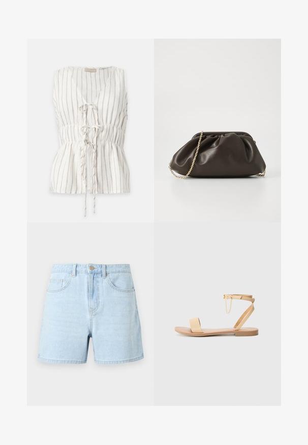 Mouwloze witte blouse met verticale dunne zwarte strepen, V-hals en drie voorstriksluitingen met geplooide taille.; Lichtblauwe denim shorts met knoop aan de voorkant, lussen voor een riem en twee voorzakken, afgebeeld op een effen achtergrond.; Beige platte sandaal met een enkele brede band, enkelband met gesp en decoratieve kettingdetail. Glad leerachtig oppervlak en platte zool.; Bruine leren handtas met een geaccentueerd ontwerp, gouden kettinghengsel en een zachte, textuurafwerking. Compacte vorm geschikt voor avondgebruik.