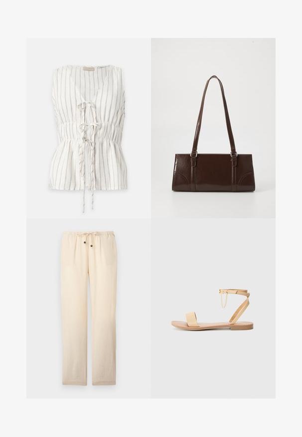 Blouse blanche sans manches avec fines rayures noires verticales, col en V et trois fermetures à nouer à l'avant avec un détail froncé à la taille.; Pantalon beige clair, coupe ample, avec taille élastique et cordon de serrage orné de deux perles en bois aux extrémités, présenté sur un fond uni.; Sandale plate beige avec une seule large bride, une bride de cheville avec une boucle et un détail de chaîne décoratif. Texture lisse semblable au cuir et semelle plate.; Sac à main en cuir verni marron de forme rectangulaire, avec deux longues poignées et des accents courbés subtils à l'avant.
