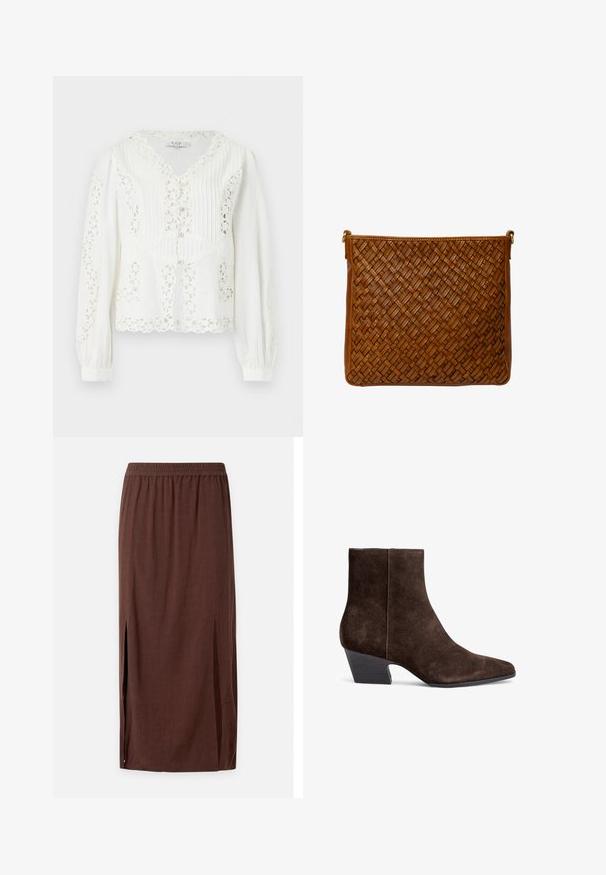 Weiße Bluse mit langen Ärmeln, floralen Spitzenausschnitten, wellenförmigen Kanten, vertikalen Biesen und Knopfverschluss vorne.; Brauner Midirock mit elastischem Bund und seitlichen Schlitzen, aus leichtem Stoff gefertigt.; Braune Wildleder-Stiefeletten mit spitzem Fuß, mittelhohem Blockabsatz und minimalen Nähdetails für ein elegantes Erscheinungsbild.; Braune Leder-Crossbody-Tasche mit einem kunstvoll geflochtenen Muster und Hardware-Ringen in Goldoptik auf weißem Hintergrund.
