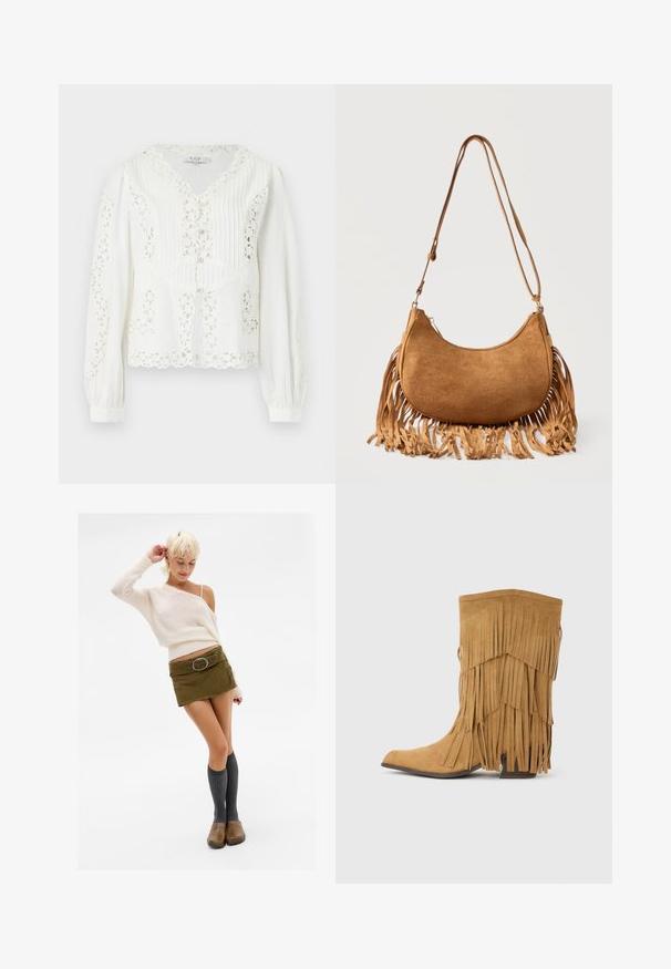Hvid bluse med lange ærmer med blomsterblondeudskæringer, bølgede kanter, lodrette pyntefolder og frontknaplukning.; Kvinde med kort blond hår iført en cremefarvet off-shoulder sweater, grøn mini-nederdel med bælte, knæhøje grå sokker og brune klipklappere, der poserer.; Tanfarvet ruskindsmidtemejsestøvle med lagdelte frynser og en blokhæl, vist i profil mod en ensfarvet baggrund.; Brun ruskinds skuldertaske i halvmåneform med lang rem og frynser langs de nederste kanter mod en hvid baggrund.