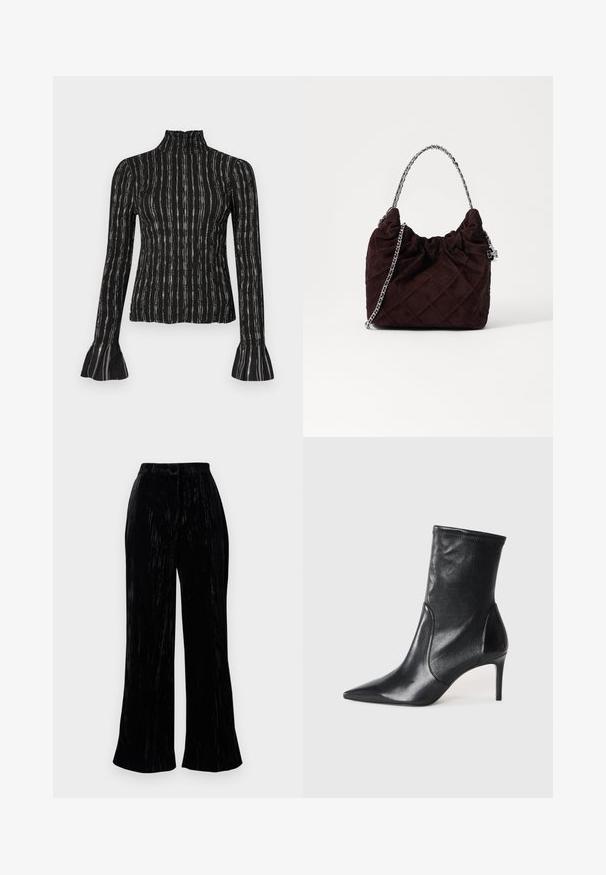 Haut noir à manches longues avec col haut, présentant des rayures verticales et des poignets évasés. Le matériau a une finition texturée avec un léger éclat.; Pantalons larges en velours noir avec une texture douce, présentant une taille haute et de subtils rayures verticales. Conçus pour une coupe décontractée.; Bottes noires à la cheville en cuir lisse, dotées d'un bout pointu, d'un tige ajustée et d'un talon haut fin. Design minimaliste sans quincaillerie visible.; Sac à main en cuir suédé bordeaux matelassé avec un haut froncé, une bandoulière en chaîne argentée et une forme angulaire. Doté d'une accent en métal argenté.