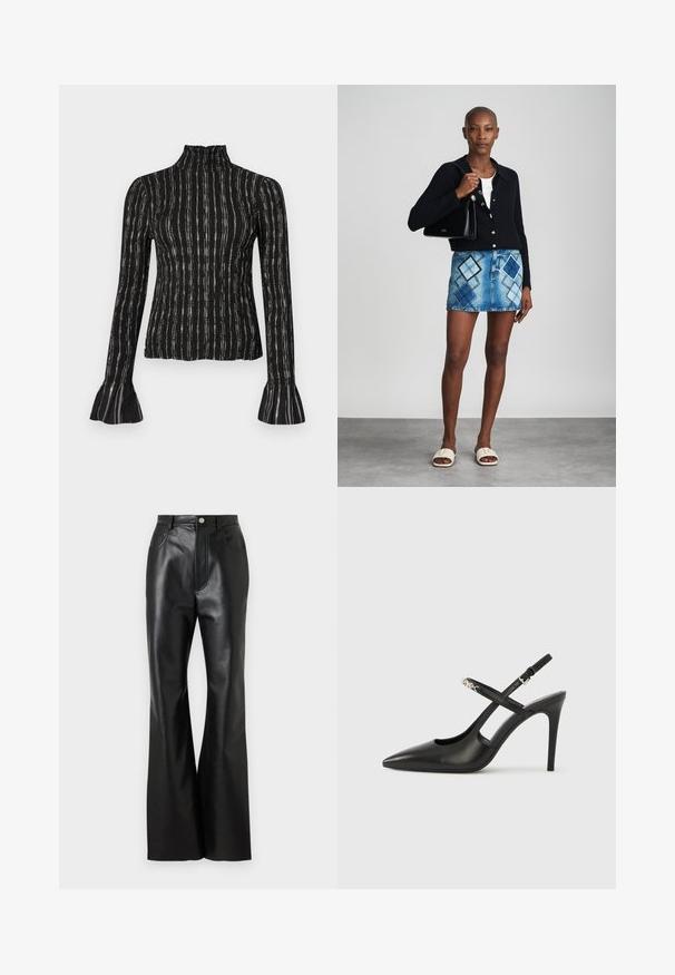 Top negro de manga larga con cuello alto, con rayas verticales y puños acampanados. El material tiene un acabado texturizado con un ligero brillo.; Pantalones de cuero negro acampanados con un acabado elegante, bolsillos frontales y costuras en contraste. Presenta un cierre de botón y una cinturilla estructurada.; Tacones altos slingback de cuero negro con punta afilada, diseño con recortes y correa ajustable con herrajes metálicos.; Cárdigan negro de punto, blusa blanca, falda de mezclilla con patrón de diamantes en azul y negro, bolso negro y sandalias deslizantes beige.