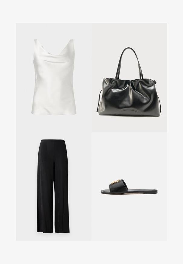 Haut caraco sans manches en satin blanc avec un décolleté drapé et une texture lisse et brillante.; Pantalons larges noirs en tissu lisse, avec une taille haute et sans poches ni éléments métalliques visibles. Design longueur sol.; Sandales slides en cuir noir avec un bout ouvert, une semelle plate et un accent décoratif en or sur le dessus. Texture lisse avec un design minimal.; Sac fourre-tout en cuir noir brillant avec deux bretelles d'épaule et une texture légèrement froissée, présenté sur un fond clair uni.