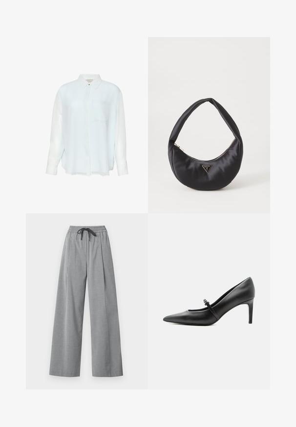 Chemise bleu clair à manches longues avec boutons, en tissu lisse et transparent. Comprend un col et une poche poitrine unique. Design décontracté.; Pantalon gris clair à jambes larges avec taille élastique et cordon noir, fabriqué en tissu lisse, présenté sur fond blanc.; Escarpin noir en cuir à bout pointu avec une fine bride et une boucle sur le cou-de-pied, posé sur un fond clair neutre.; Sac à main en satin noir avec une forme courbée, doté d'une fermeture à glissière et d'un logo triangulaire en métal à l'avant. Texture lisse et design épuré.