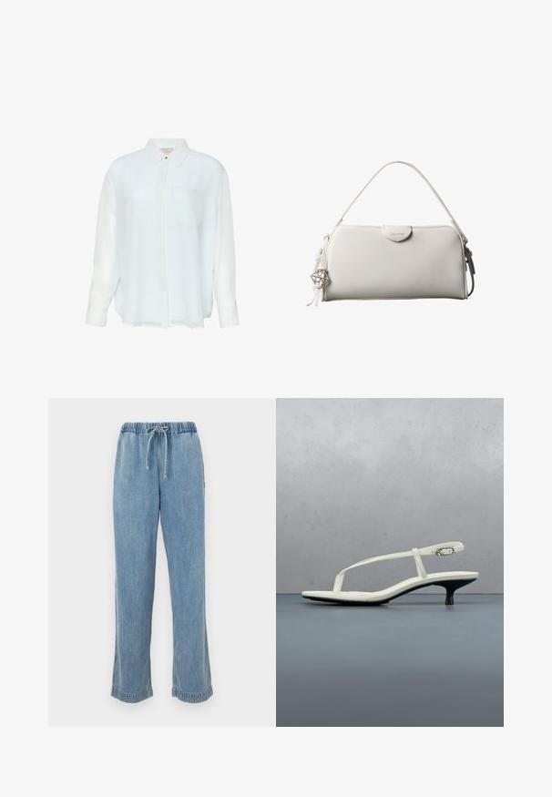Chemise bleu clair à manches longues avec boutons, en tissu lisse et transparent. Comprend un col et une poche poitrine unique. Design décontracté.; Pantalon en denim bleu clair avec une taille élastique, un cordon de serrage et des ourlets retroussés. Design à jambes droites avec une coupe décontractée.; Sandale blanche à talon kitten avec des lanières et un bout pointu, flottant au-dessus d'un sol en carrelage en bois en plein air avec un arrière-plan flou de plante et de mur.; Sac à main rectangulaire blanc Calvin Klein avec une seule poignée, design minimaliste et pampilles décoratives avec un charm métallique géométrique sur le côté.