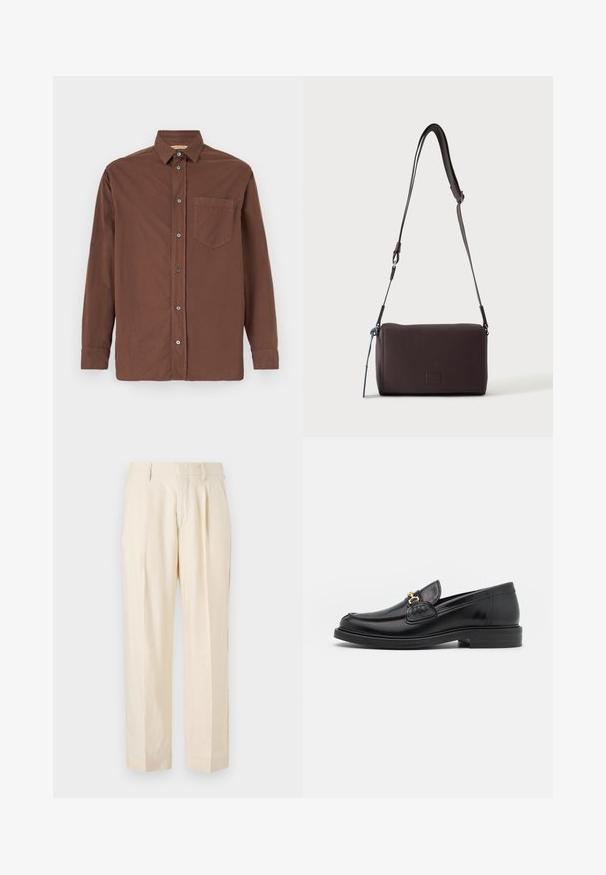 Chemise brune à boutons avec un col, des manches longues, une poche poitrine unique et des boutons gris, fabriquée à partir d'un tissu texturé.; NN.07 KAY - Pantalon classique - off white; Mocassins en cuir noir avec un embout rond, présentant des accents en métal doré et des détails de couture, montés sur une semelle en caoutchouc texturé et basse.; Sac bandoulière en cuir marron foncé texturé avec une sangle réglable et un petit accent décoratif bleu sur le côté.