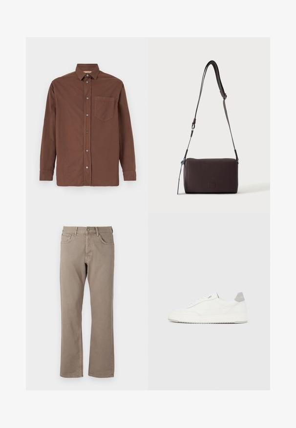 Bruine button-up overhemd met een kraag, lange mouwen, een enkele borstzak en grijze knopen, gemaakt van een geweven stof.; Beige straight-leg jeans van katoen, met vijf zakken, een knoop- en ritssluiting, en zichtbare stiksels langs de naden.; Witte lage sneaker met grijze hielpatch, witte veters en een gestructureerde zool, gepresenteerd op een effen lichte achtergrond.; Donkerbruine gestructureerde leren crossbodytas met verstelbare riem en klein decoratief blauw accent aan de zijkant.
