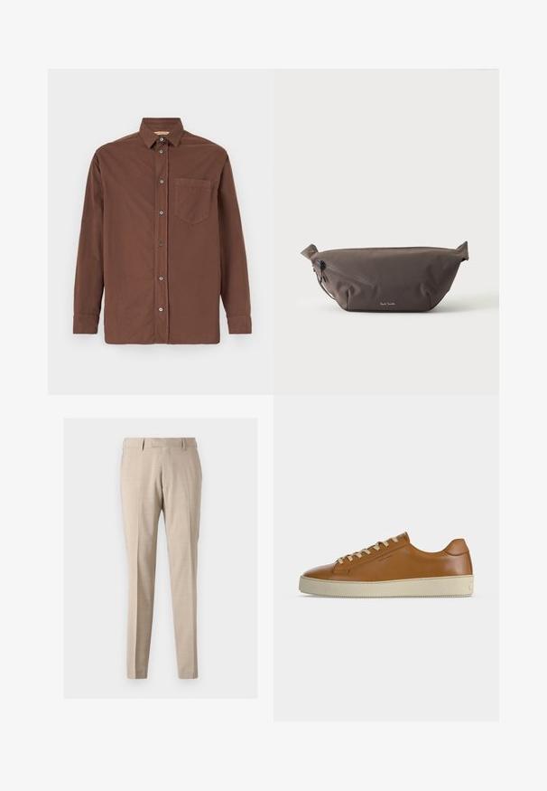 Bruine button-up overhemd met een kraag, lange mouwen, een enkele borstzak en grijze knopen, gemaakt van een geweven stof.; Beige tapschoenen gemaakt van lichtgewicht stof, met voorplooien, twee zijzakken en een gladde textuur.; Lage bruine leren sneaker met crèmekleurige veters en dikke crèmekleurige rubberen zool, zijaanzicht op witte achtergrond.; Donkerbruine stoffen heuptas met diagonale ritssluiting en klein wit logo aan de voorkant, tegen een effen lichte achtergrond.