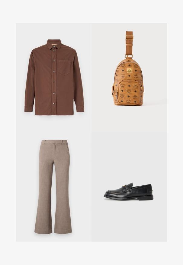 Chemise brune à boutons avec un col, des manches longues, une poche poitrine unique et des boutons gris, fabriquée à partir d'un tissu texturé.; Pantalons évasés beiges en tissu texturé, avec fermeture éclair et poches latérales pour plus de fonctionnalité. Design ajusté.; Des mocassins en cuir noir présentent un bout arrondi, des détails cousus et un petit accent doré à l'avant. La semelle est plate et discrète.; Petit sac bandoulière en cuir beige avec bandoulière réglable, poche zippée à l'avant et motif répété du logo noir MCM.