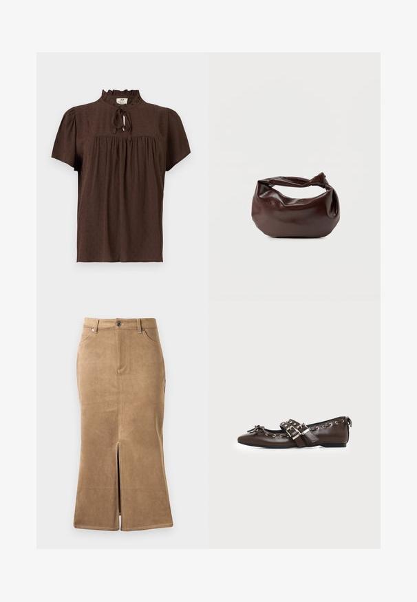 Brun bluse med korte ærmer i tekstureret stof, rynket skulderstykke, flæset halsudskæring og bindelukning foran.; Brun ruskind midi-skirt med slids foran, kontrasterende syninger og fem-lomme design. Glat tekstur og tætsiddende facon.; Mørkebrune lædersko med flad sål og spids snude, dobbelt sølvsnørrebånd, metaløjer og dekorativ sløjfe foran.; Mørkebrun læder skuldertaske med en blød, afslappet form og et snoet knudehåndtag på en ensartet hvid baggrund.