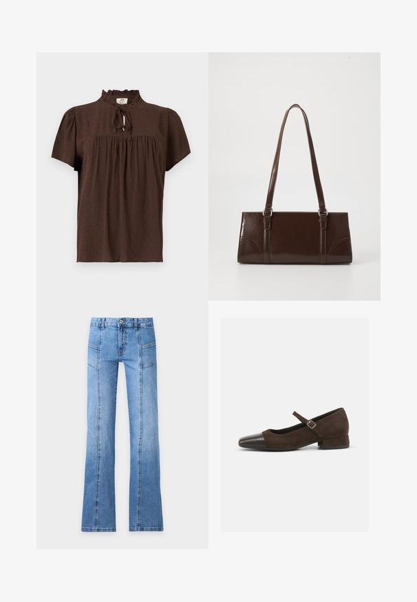 Brun bluse med korte ærmer i tekstureret stof, rynket skulderstykke, flæset halsudskæring og bindelukning foran.; Lyseblå denimjeans med højt talje, frontknap, lynlås, sømdetaljer og let udvidede ben på en ensfarvet baggrund.; Brun ruskind Mary Jane-sko med en sort laklæder tåhætte, justerbar rem og en lav blokhæl. Glat tekstur med minimale detaljer.; Brun lakeret håndtaske med rektangulær form, to lange håndtag og subtile buede detaljer på fronten.