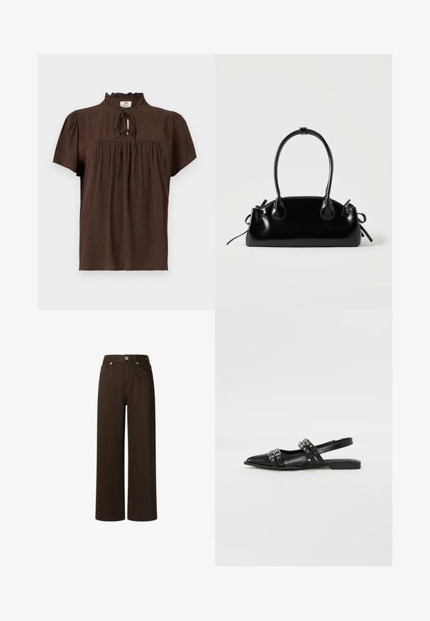Brun bluse med korte ærmer i tekstureret stof, rynket skulderstykke, flæset halsudskæring og bindelukning foran.; Pepe Jeans LEXA - Jeans Straight Leg - chocolate brown; Even&Odd by Zalando Slingback-ballerinasko - black; Lille sort blank håndtaske med to lange håndtag og snøre-detaljer i siden på en ensfarvet lys baggrund.