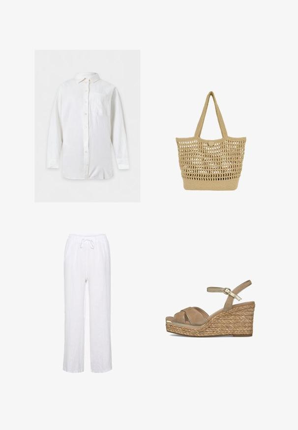 Camisa blanca de manga larga con botones, cuello y bolsillo en el pecho izquierdo, mostrada extendida sobre un fondo claro.; Pantalones de lino blancos con un ajuste relajado, que cuentan con una cintura elástica y cordones, y piernas rectas. Textura suave, tejido ligero.; Sandalia cuña beige con plataforma de cuerda trenzada, correas cruzadas sobre los dedos y correa ajustable dorada en el tobillo con hebilla.; Bolsa tote tejida beige con patrón abierto de punto, base sólida, dos asas para el hombro y cierre pequeño de botón redondo en la parte superior central.
