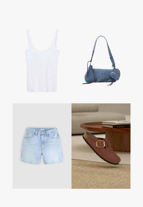Weißes Tanktop mit U-Ausschnitt, aus weichem Stoff, mit dünnen Trägern und einem schlanken, figurbetonten Schnitt. Keine sichtbaren Muster oder Verzierungen.; Helles blaues Denim-Shorts mit Fünf-Taschen-Design, Knopfverschluss und leicht ausgefranster Säume. Der Stoff zeigt eine weiche, strukturierte Optik.; Brauner Slip-On-Schuh mit großer goldener Schnalle, Korksohle und schwarzer Laufsohle, der über einem beigen Teppich in der Nähe eines Holztisches mit gestapelten Büchern schwebt.; Jeans-Schultertasche mit mehrfarbigen Nähten, einer herzförmigen Münztasche als Anhänger und einem einzelnen Trageriemen.